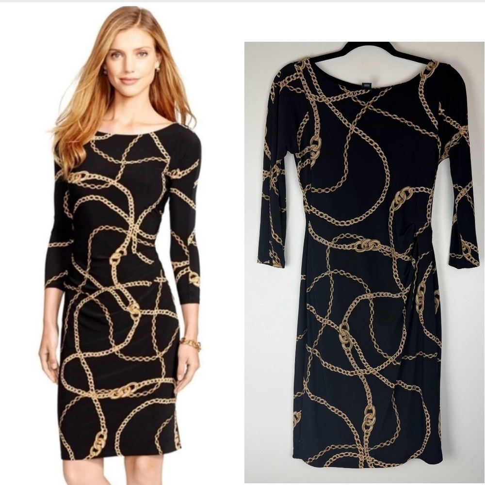 Lauren Ralph Lauren Black Dress with Gold Chain Pattern